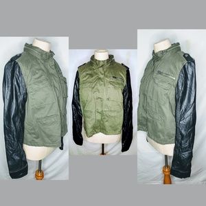 Army Green Vegan Leather Sleeve Hooded Jacket